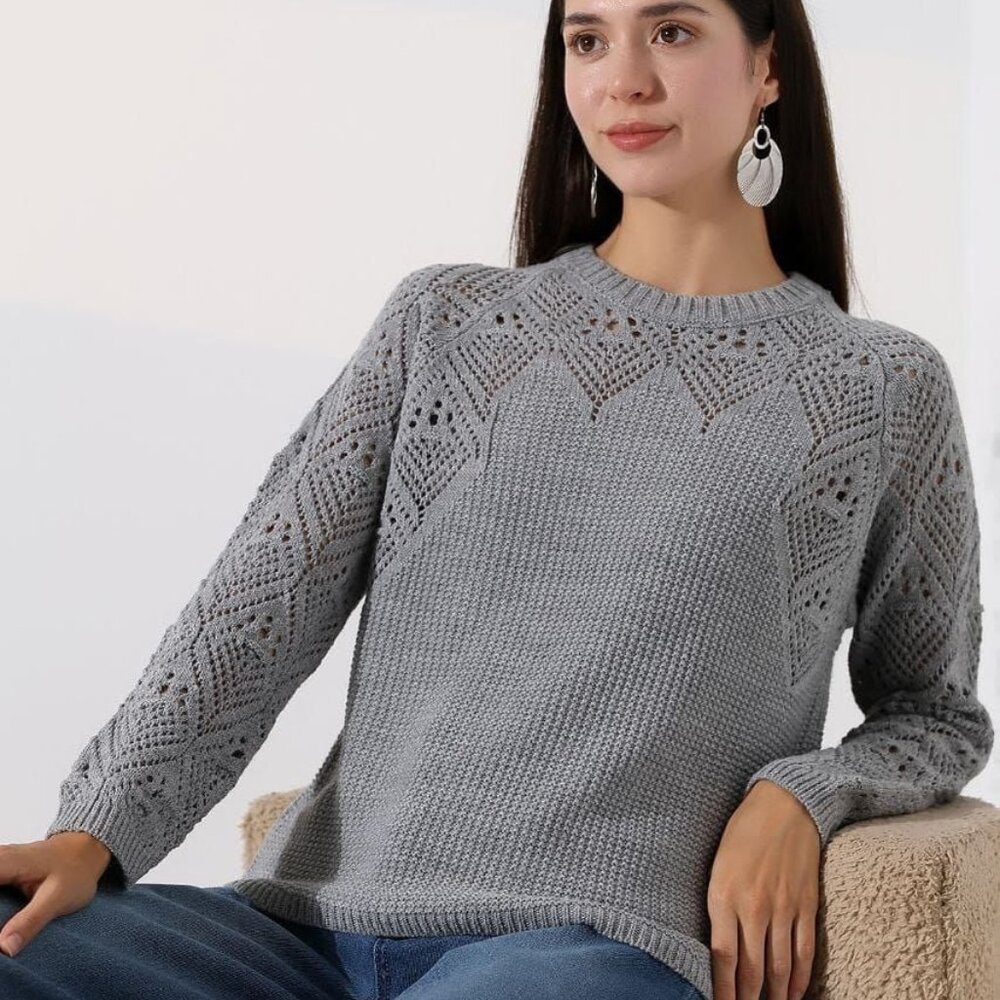 Women Solid Long Sleeve Hollow-Out Elegant Pullover Sweater - S, M, L, XL